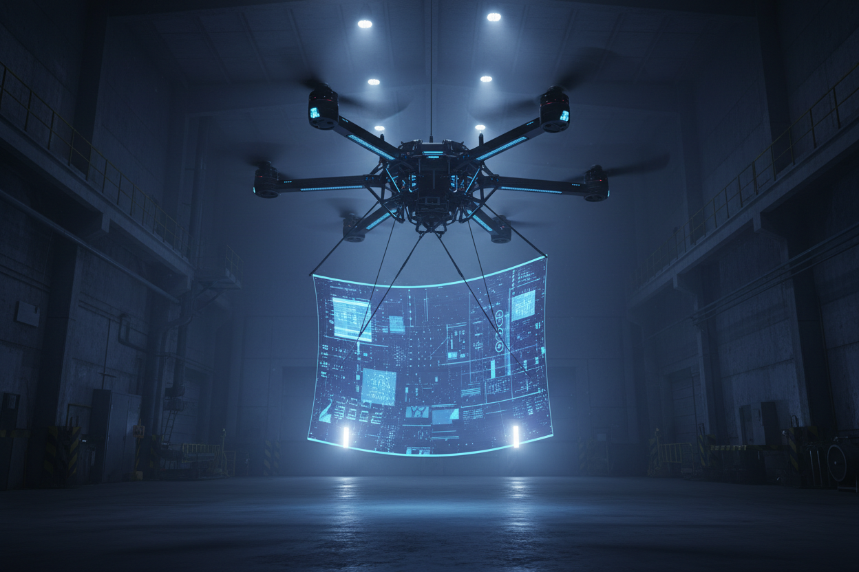 Drone with a Suspended Flexible Transparent LED Display